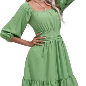 Women's Chiffon Blend Casual Mini Dress with Long Lantern Sleeves, Square Neck T